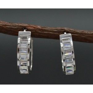14K Solid White Gold Baguette 0.30ct Created Diamond Huggie Hoop Earrings